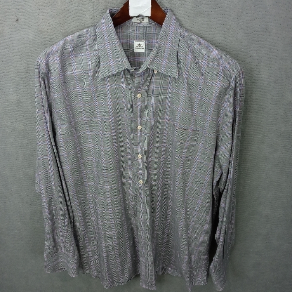 Peter Millar men's long sleeve button front shirt blue/gray. Cotton. Sz XL. Pit-